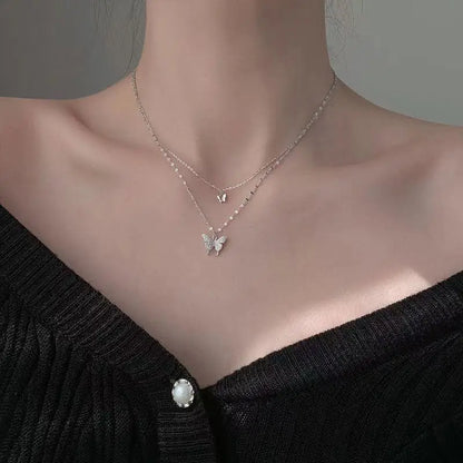 LATS New Shiny Butterfly Necklace Ladies Exquisite Double Layer Clavicle Chain Necklace Jewelry for Ladies Gift