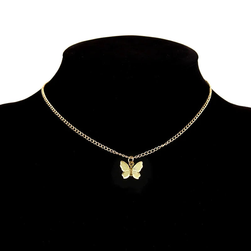 LATS New Shiny Butterfly Necklace Ladies Exquisite Double Layer Clavicle Chain Necklace Jewelry for Ladies Gift