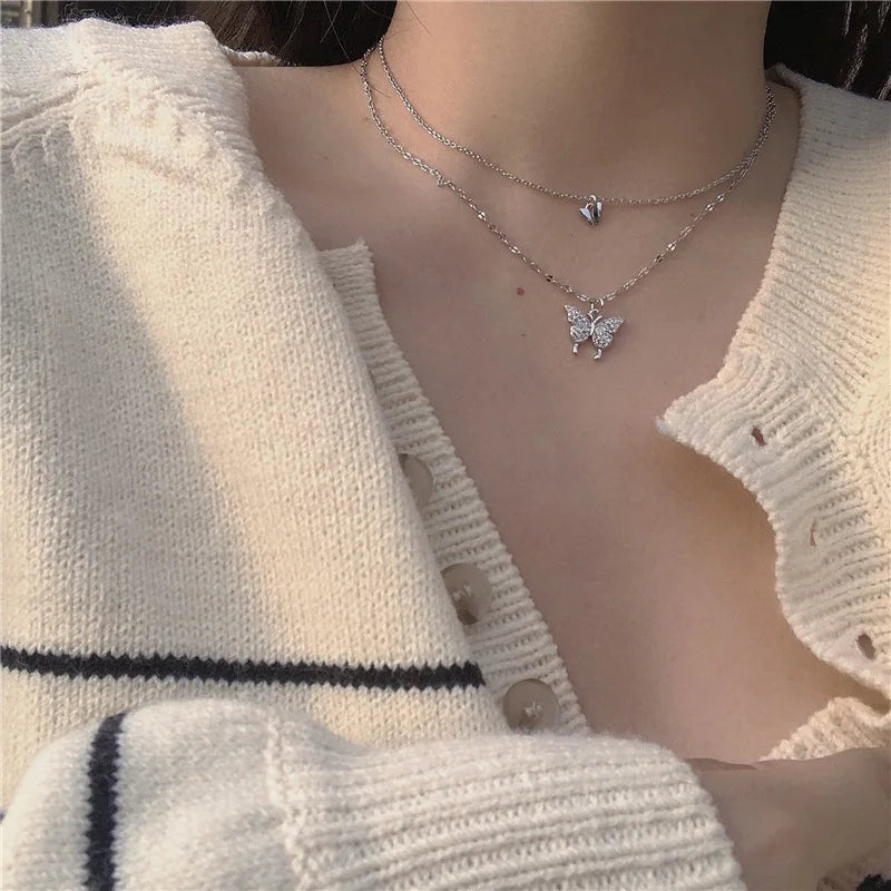 LATS New Shiny Butterfly Necklace Ladies Exquisite Double Layer Clavicle Chain Necklace Jewelry for Ladies Gift
