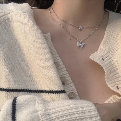 LATS New Shiny Butterfly Necklace Ladies Exquisite Double Layer Clavicle Chain Necklace Jewelry for Ladies Gift