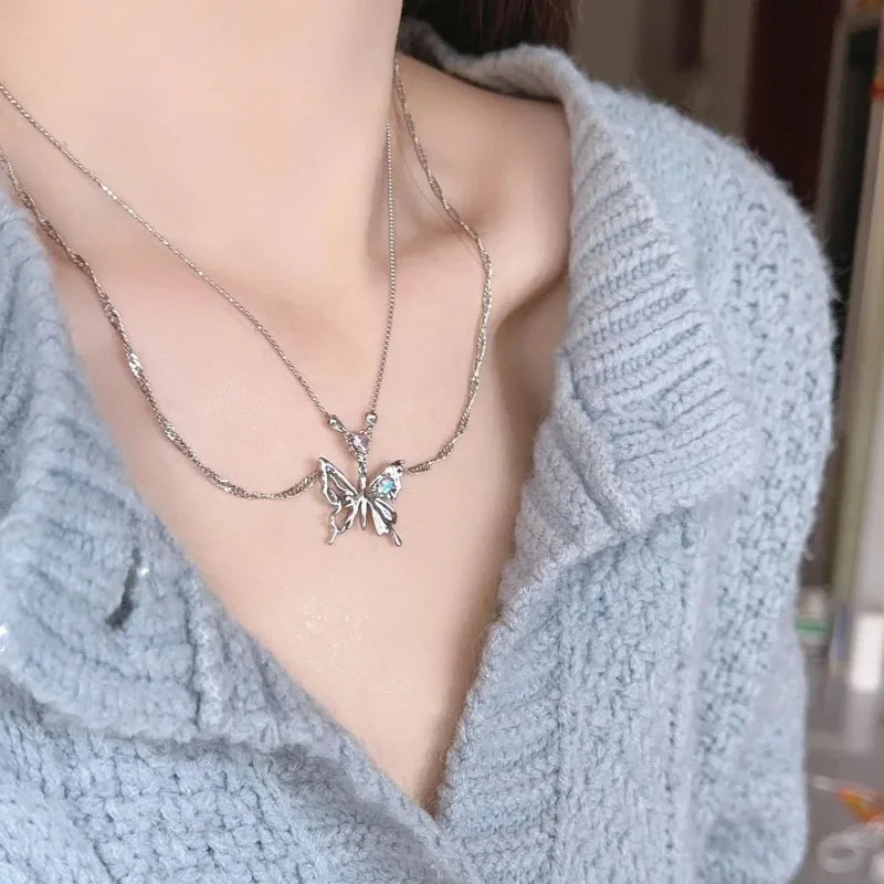 Y2K Crystal Butterfly Pendant Necklace Women Light Luxury Egirl Punk Heart Grunge Clavicle Chain Fashion Jewelry Party Gift 2023