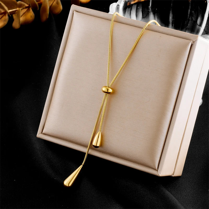 DIEYURO 316L Stainless Steel Adjustable Water Droplet Tassels Necklace Earrings Women New Golden Fashion Jewelry Set Party Gifts