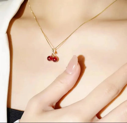 Little Wine Red Cherry Pendant Necklaces For Women Fashion Personality Fruit Golden Chain Necklace Party Jewelry Birthday Gifts