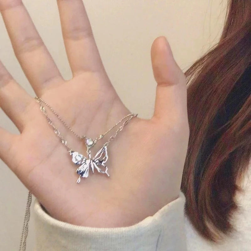 Y2K Crystal Butterfly Pendant Necklace Women Light Luxury Egirl Punk Heart Grunge Clavicle Chain Fashion Jewelry Party Gift 2023
