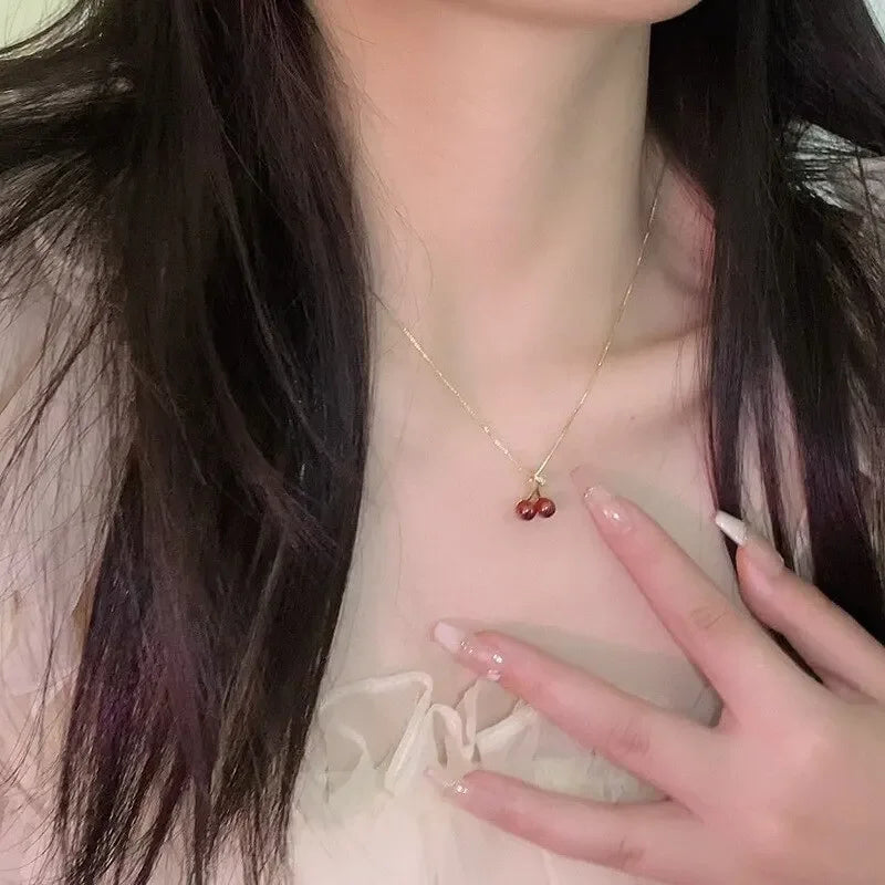 Little Wine Red Cherry Pendant Necklaces For Women Fashion Personality Fruit Golden Chain Necklace Party Jewelry Birthday Gifts