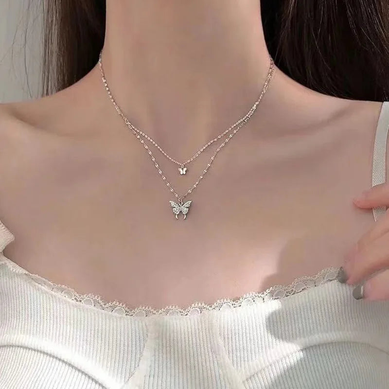 LATS New Shiny Butterfly Necklace Ladies Exquisite Double Layer Clavicle Chain Necklace Jewelry for Ladies Gift
