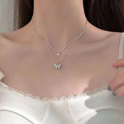 LATS New Shiny Butterfly Necklace Ladies Exquisite Double Layer Clavicle Chain Necklace Jewelry for Ladies Gift